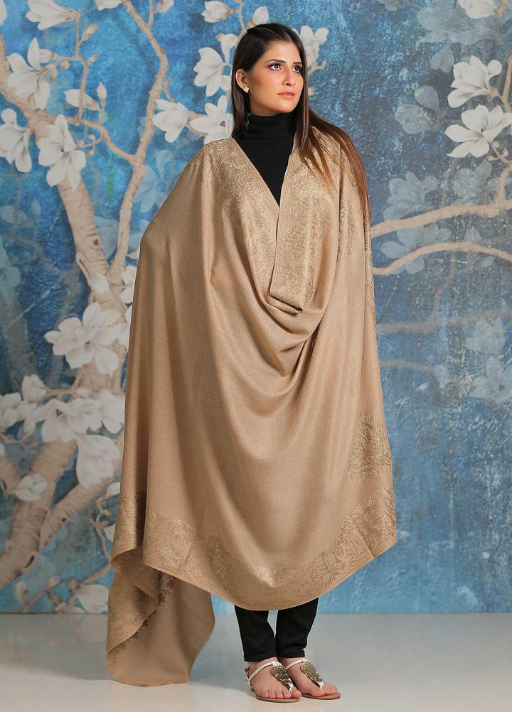 Sanaulla Exclusive Range Embroidered Pashmina  Shawl SU21PP MIR-26 Brown 1 - Pure Pashmina Shawls