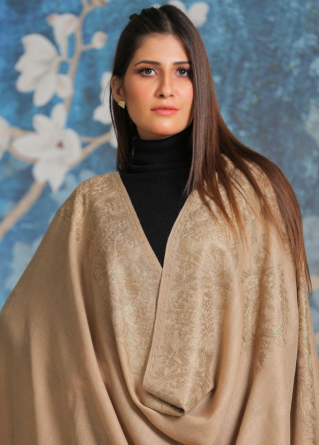 Sanaulla Exclusive Range Embroidered Pashmina  Shawl SU21PP MIR-26 Brown 1 - Pure Pashmina Shawls