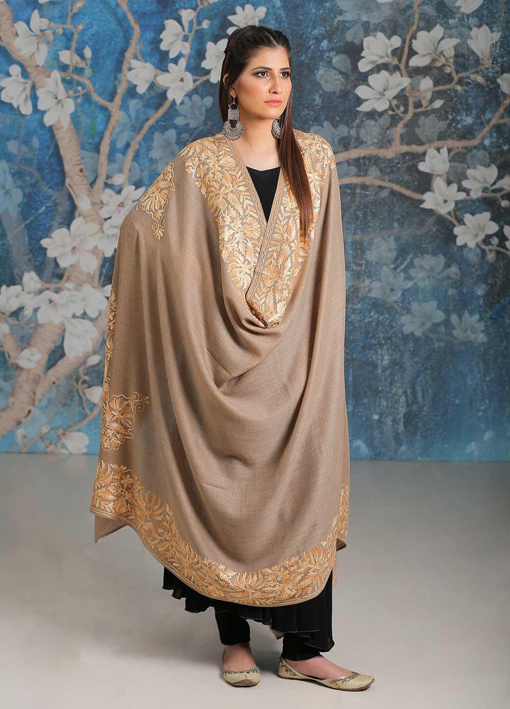 Sanaulla Exclusive Range Embroidered Pashmina  Shawl SU21PP MIR-26 Brown 2 - Pure Pashmina Shawls