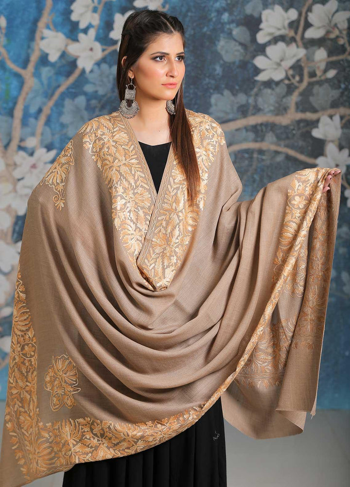Sanaulla Exclusive Range Embroidered Pashmina  Shawl SU21PP MIR-26 Brown 2 - Pure Pashmina Shawls