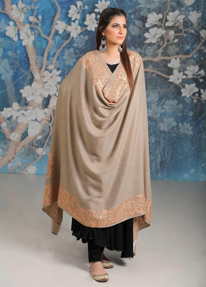 Sanaulla Exclusive Range Embroidered Pashmina  Shawl SU21PP MIR-26 Brown 8 - Pure Pashmina Shawls