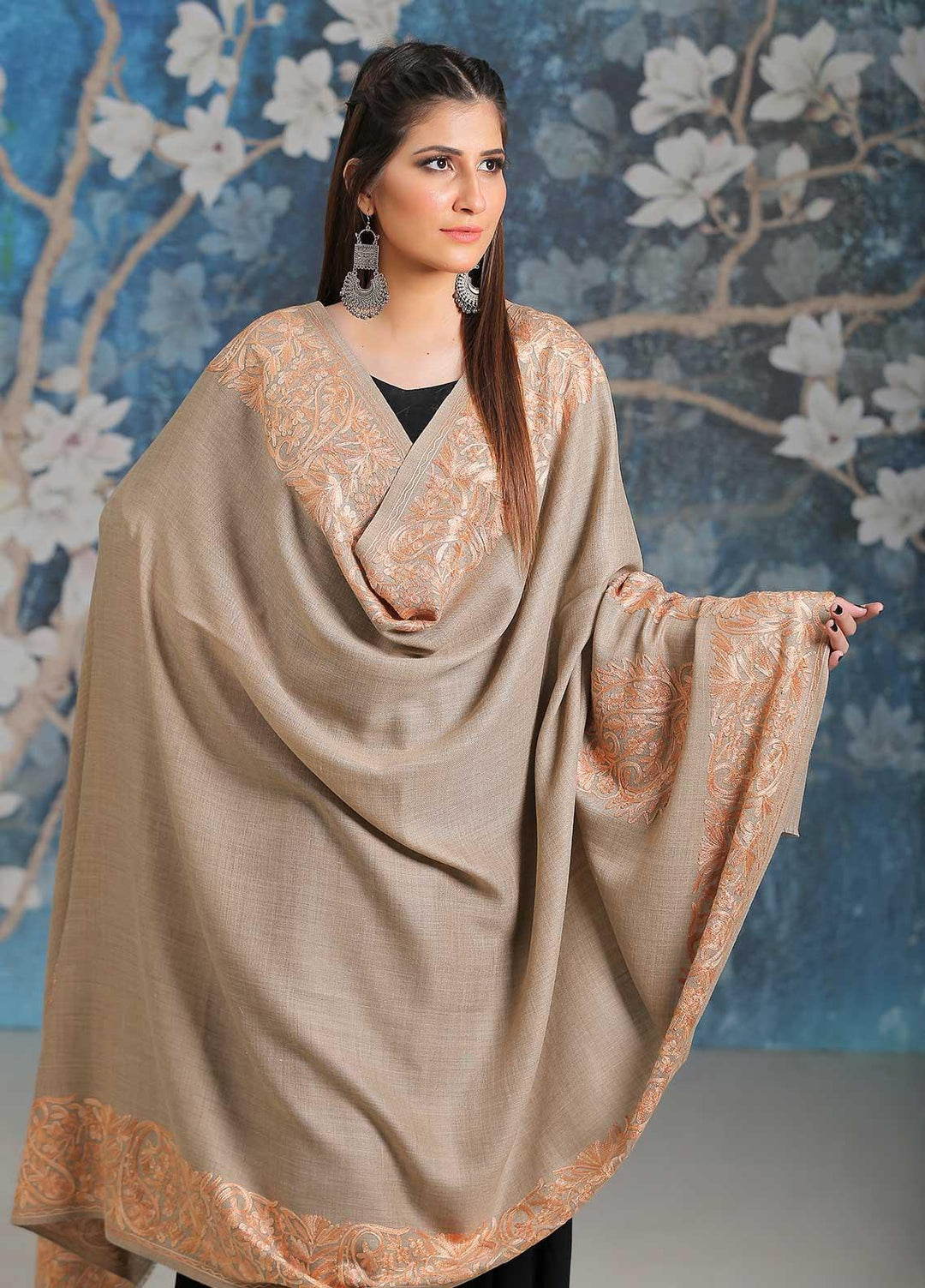 Sanaulla Exclusive Range Embroidered Pashmina  Shawl SU21PP MIR-26 Brown 8 - Pure Pashmina Shawls