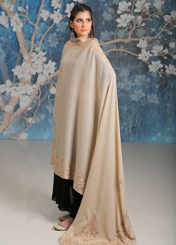 Sanaulla Exclusive Range Embroidered Pashmina  Shawl SU21PP MIR-26 Fawn 1 - Pure Pashmina Shawls