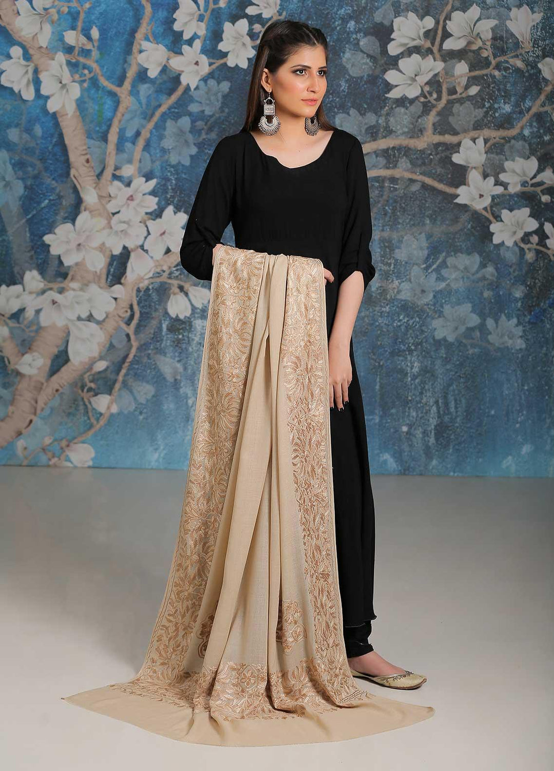 Sanaulla Exclusive Range Embroidered Pashmina  Shawl SU21PP MIR-26 Fawn 1 - Pure Pashmina Shawls