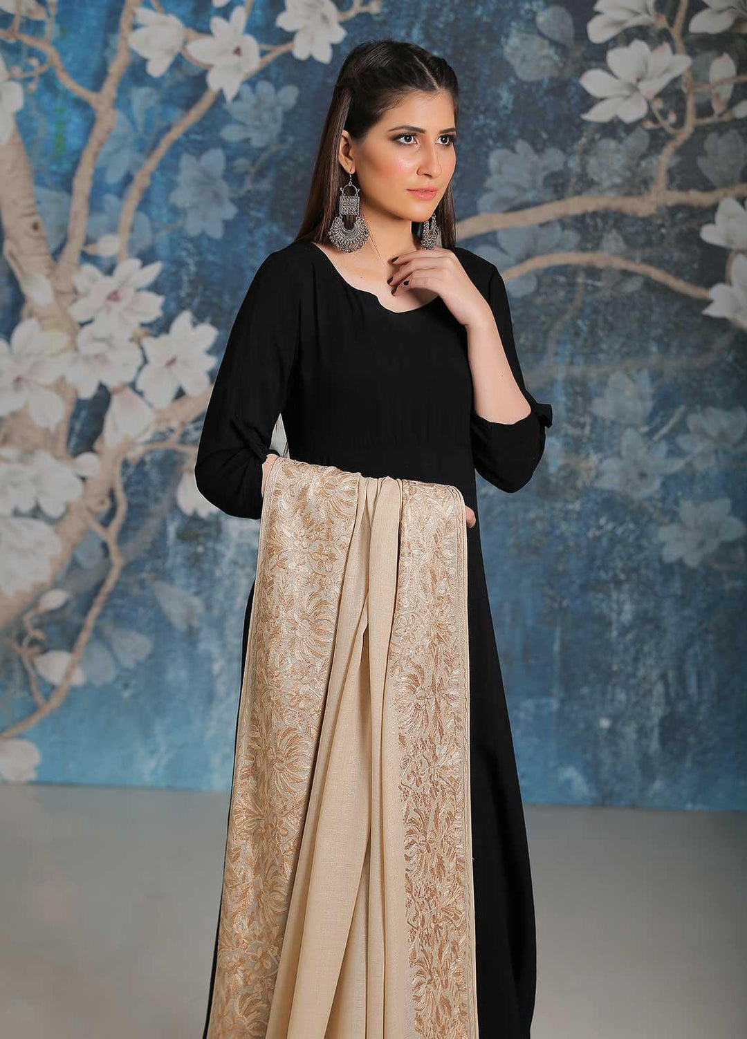 Sanaulla Exclusive Range Embroidered Pashmina  Shawl SU21PP MIR-26 Fawn 1 - Pure Pashmina Shawls