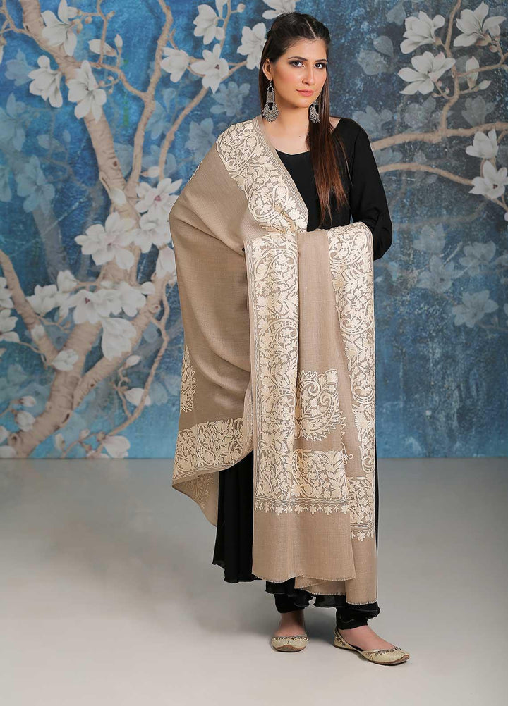 Sanaulla Exclusive Range Embroidered Pashmina  Shawl SU21PP MIR-26 Fawn 3 - Pure Pashmina Shawls