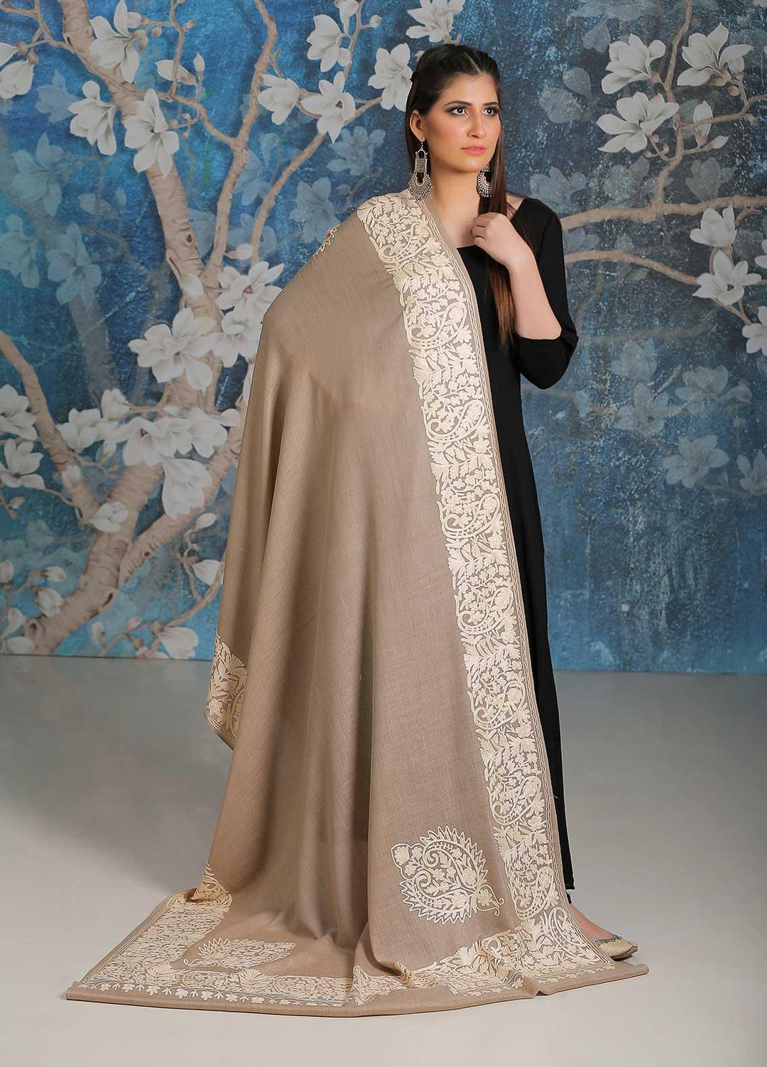 Sanaulla Exclusive Range Embroidered Pashmina  Shawl SU21PP MIR-26 Fawn 3 - Pure Pashmina Shawls