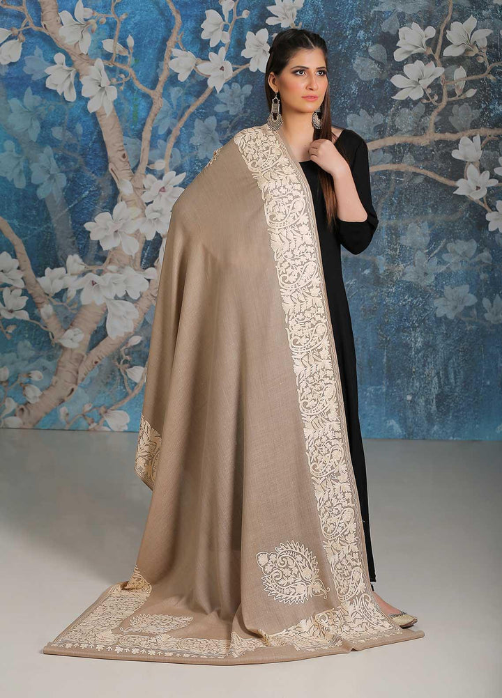 Sanaulla Exclusive Range Embroidered Pashmina  Shawl SU21PP MIR-26 Fawn 3 - Pure Pashmina Shawls