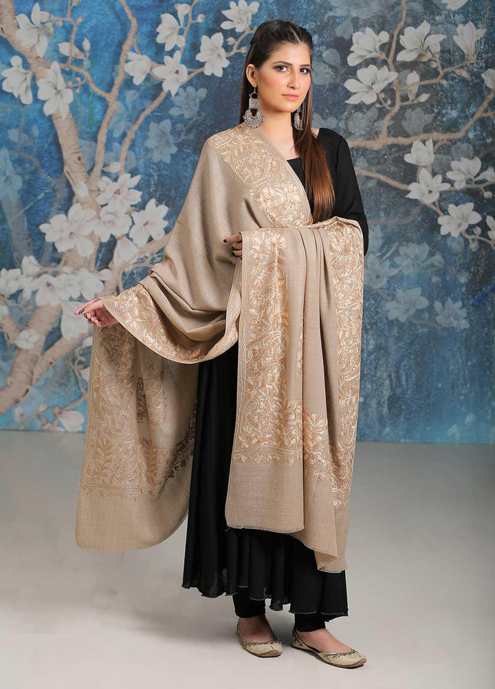 Sanaulla Exclusive Range Embroidered Pashmina  Shawl SU21PP MIR-26 Fawn 4 - Pure Pashmina Shawls