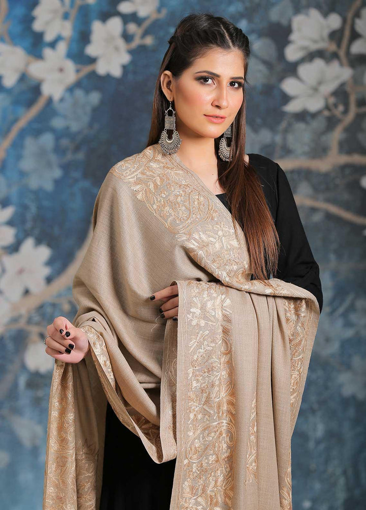 Sanaulla Exclusive Range Embroidered Pashmina  Shawl SU21PP MIR-26 Fawn 4 - Pure Pashmina Shawls