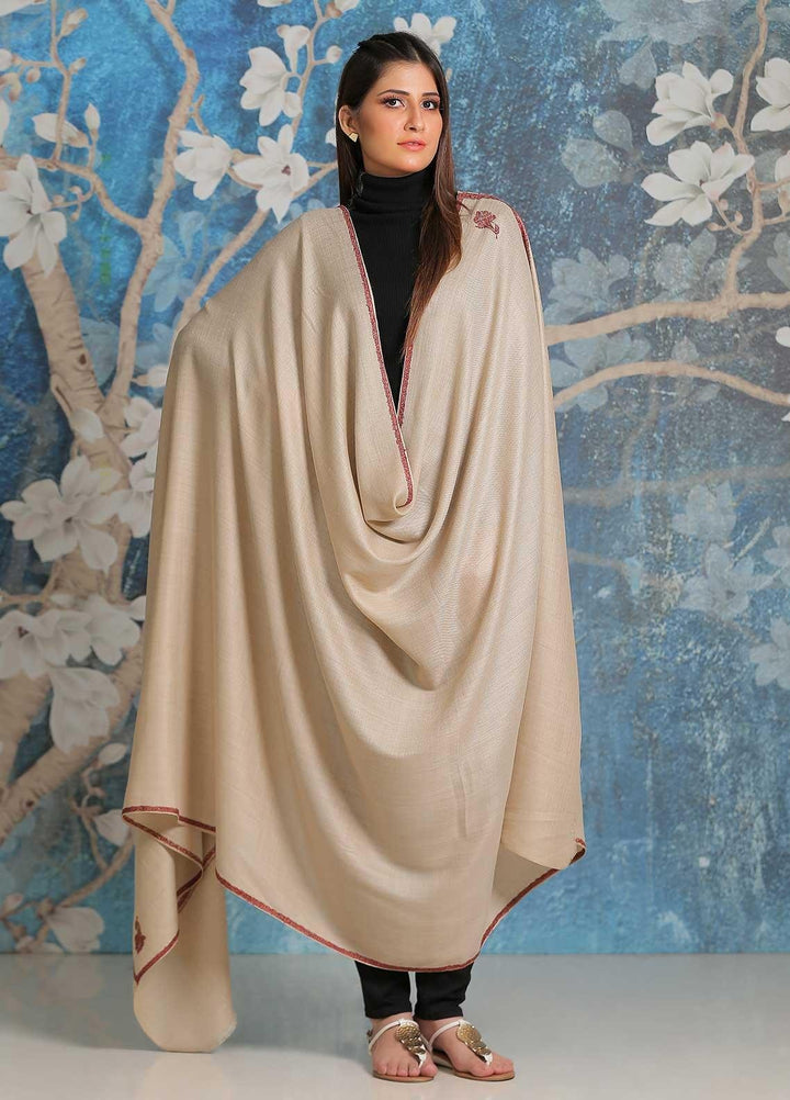 Sanaulla Exclusive Range Embroidered Pashmina  Shawl SU21PP MIR-27 Fawn 1 - Pure Pashmina Shawls