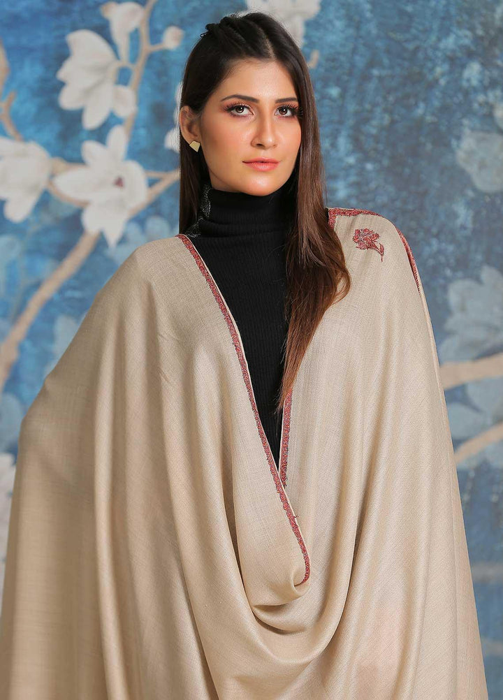 Sanaulla Exclusive Range Embroidered Pashmina  Shawl SU21PP MIR-27 Fawn 1 - Pure Pashmina Shawls