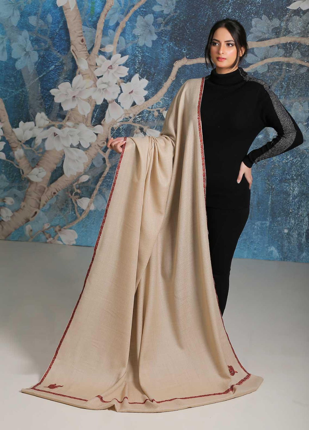 Sanaulla Exclusive Range  Pashmina  Shawl SU21PP MIR-27 Fawn 2 - Pure Pashmina Shawls