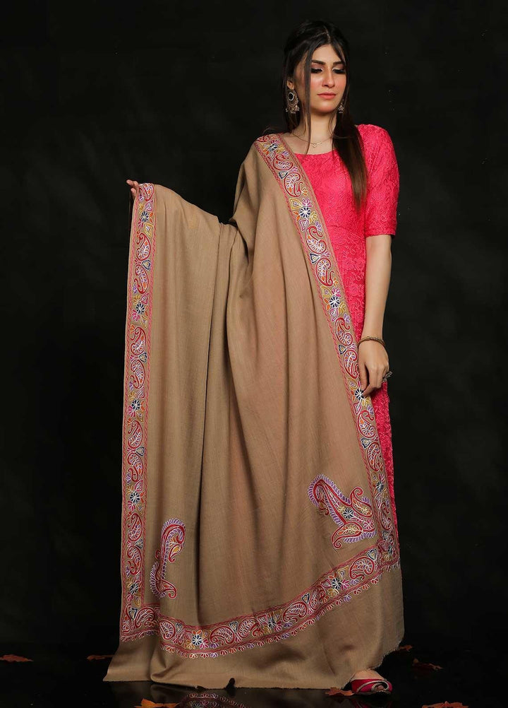 Sanaulla Exclusive Range Embroidered Pashmina  Shawl MIR-276 Brown - Pashmina Shawls