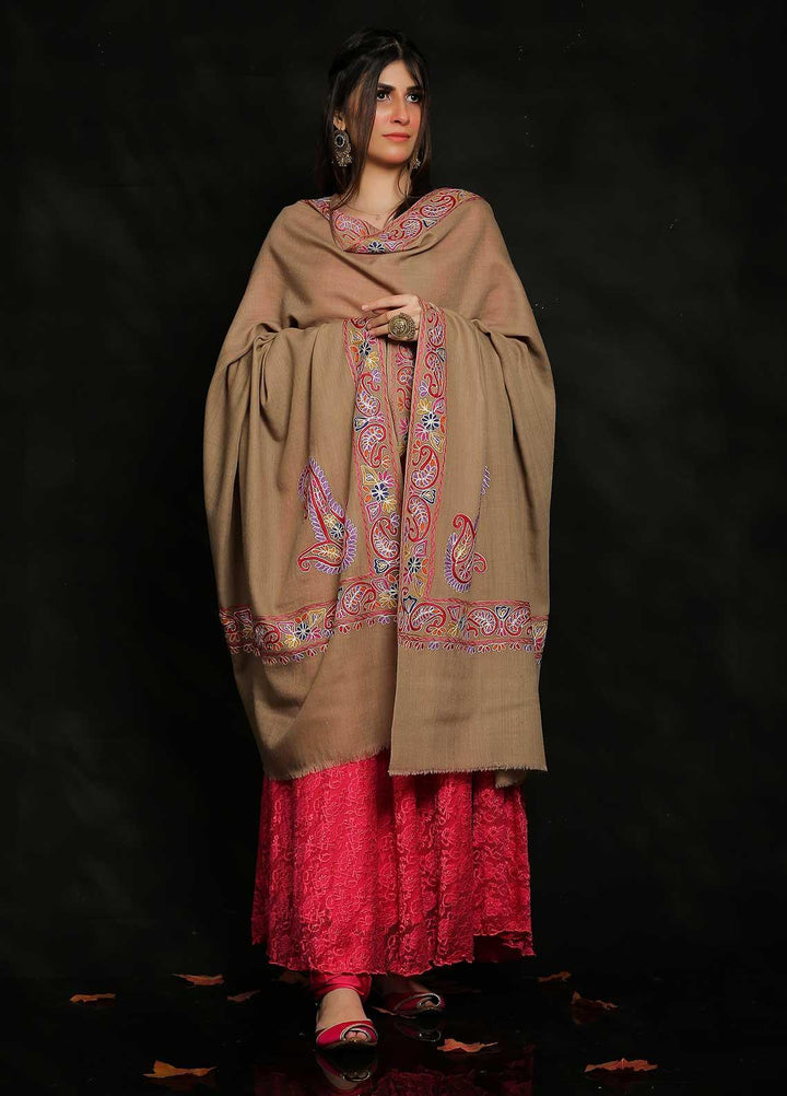 Sanaulla Exclusive Range Embroidered Pashmina  Shawl MIR-276 Brown - Pashmina Shawls