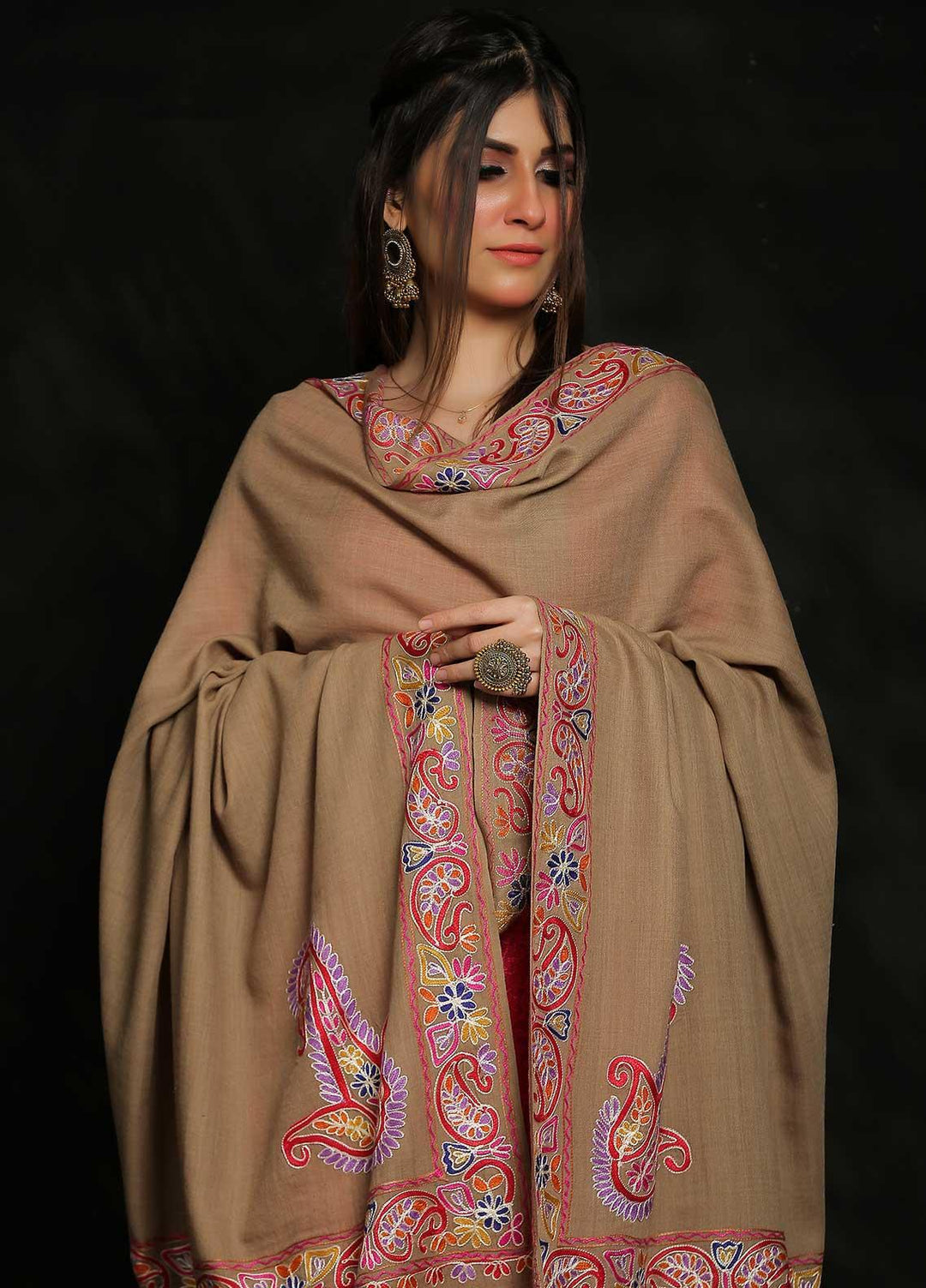 Sanaulla Exclusive Range Embroidered Pashmina  Shawl MIR-276 Brown - Pashmina Shawls