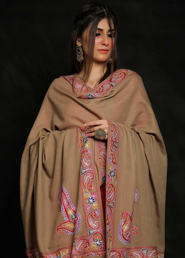 Sanaulla Exclusive Range Embroidered Pashmina  Shawl MIR-276 Brown - Pashmina Shawls
