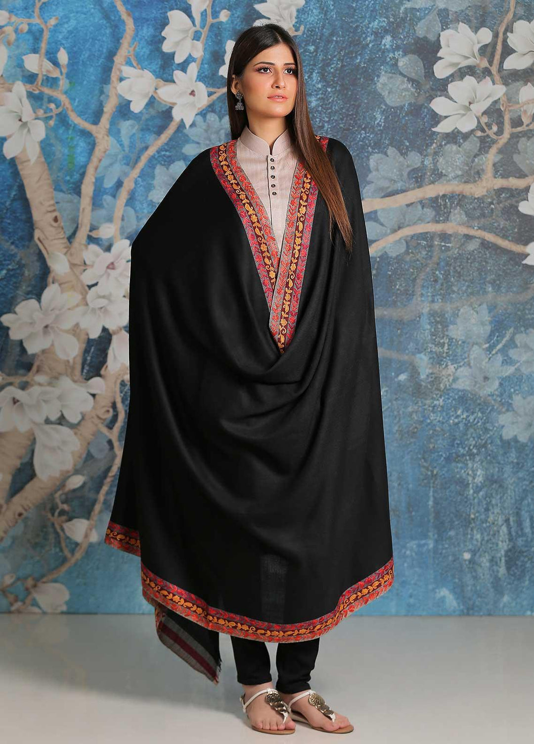 Sanaulla Exclusive Range Embroidered Pashmina  Shawl SU21PP MIR-28 Black 1 - Pure Pashmina Shawls