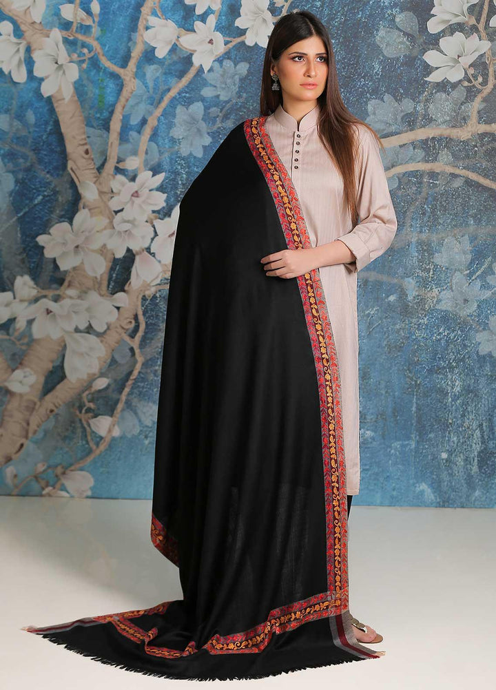 Sanaulla Exclusive Range Embroidered Pashmina  Shawl SU21PP MIR-28 Black 1 - Pure Pashmina Shawls