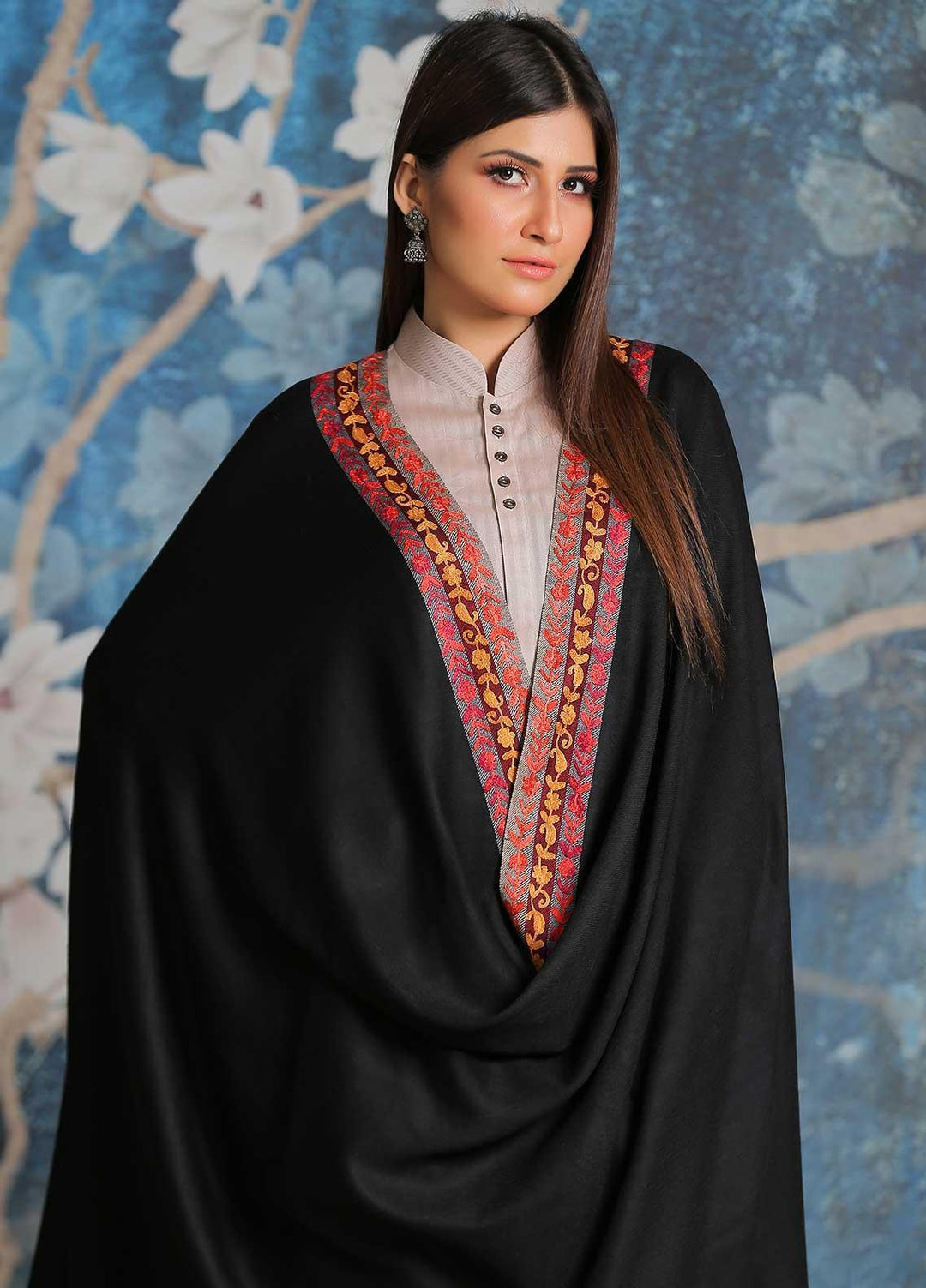 Sanaulla Exclusive Range Embroidered Pashmina  Shawl SU21PP MIR-28 Black 1 - Pure Pashmina Shawls