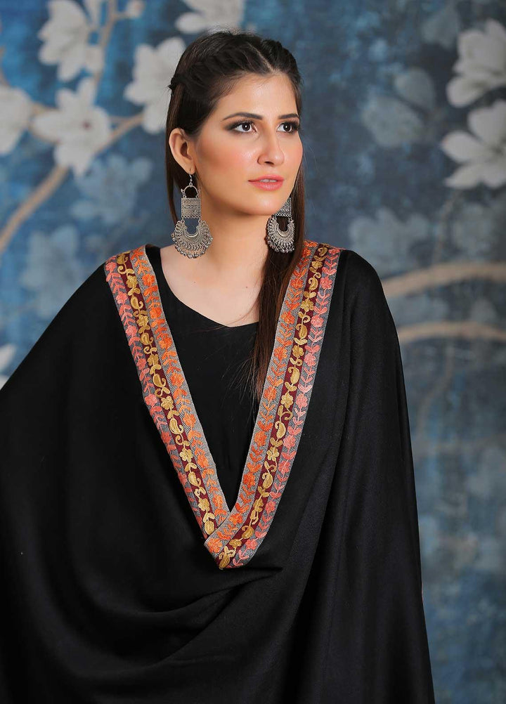 Sanaulla Exclusive Range Embroidered Pashmina  Shawl SU21PP MIR-28 Black 2 - Pure Pashmina Shawls