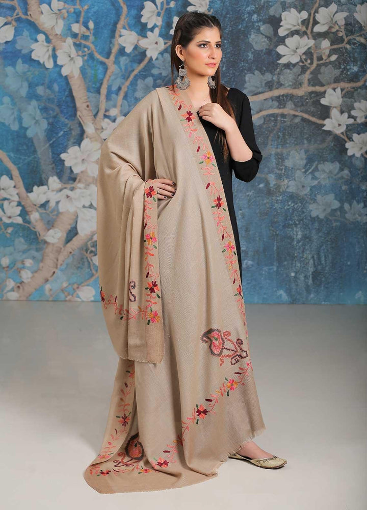 Sanaulla Exclusive Range Embroidered Pashmina  Shawl SU21PP MIR-28 Brown 1 - Pure Pashmina Shawls