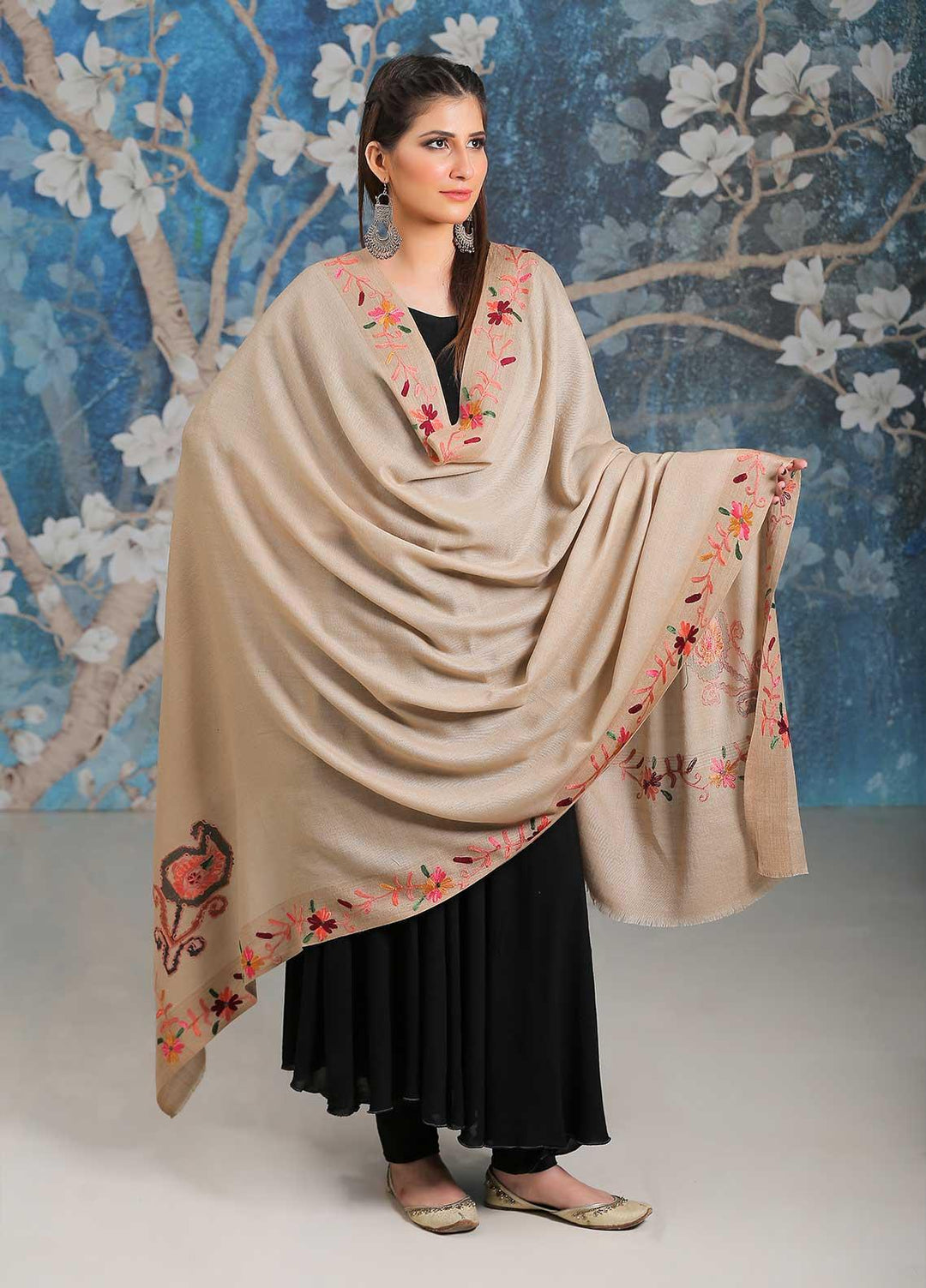 Sanaulla Exclusive Range Embroidered Pashmina  Shawl SU21PP MIR-28 Brown 1 - Pure Pashmina Shawls