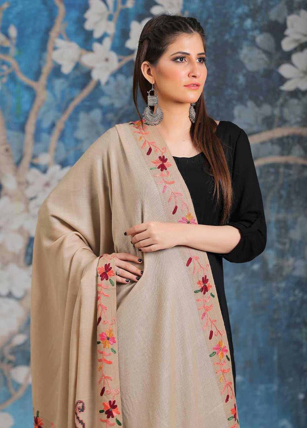 Sanaulla Exclusive Range Embroidered Pashmina  Shawl SU21PP MIR-28 Brown 1 - Pure Pashmina Shawls