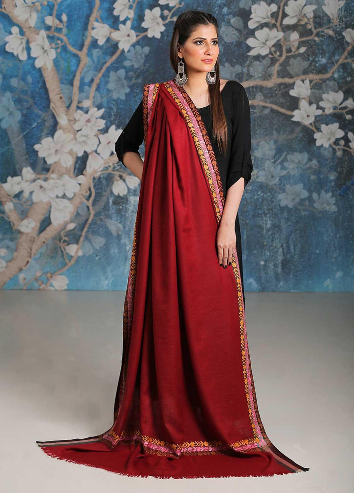 Sanaulla Exclusive Range Embroidered Pashmina  Shawl SU21PP MIR-28 Maroon 1 - Pure Pashmina Shawls