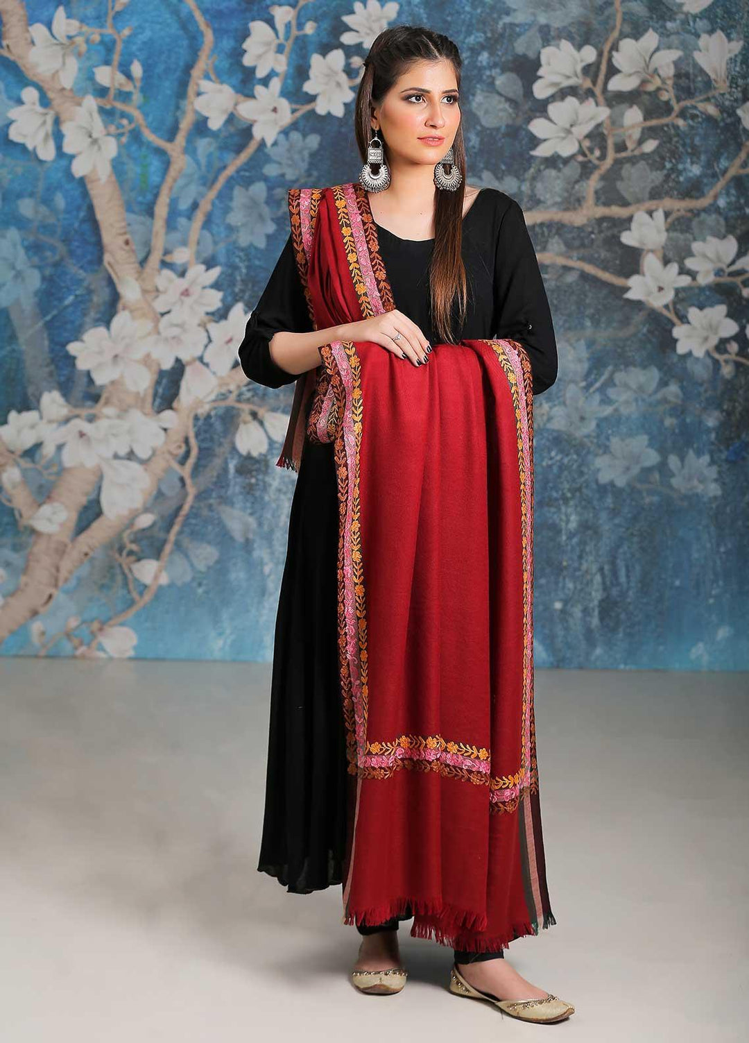 Sanaulla Exclusive Range Embroidered Pashmina  Shawl SU21PP MIR-28 Maroon 1 - Pure Pashmina Shawls