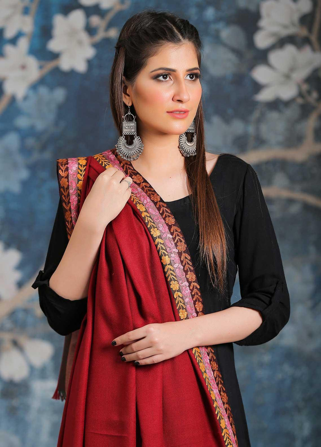 Sanaulla Exclusive Range Embroidered Pashmina  Shawl SU21PP MIR-28 Maroon 1 - Pure Pashmina Shawls