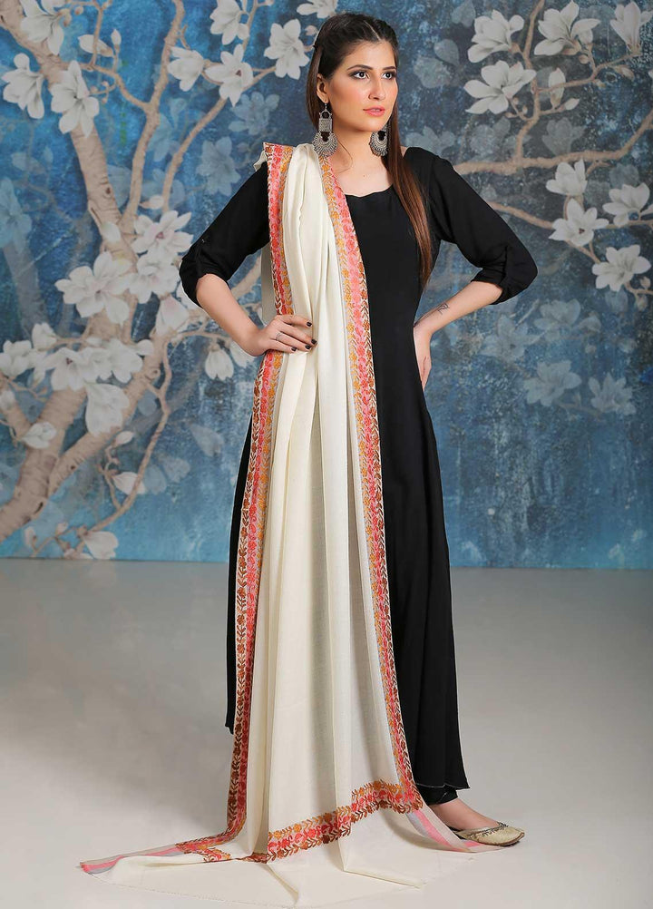 Sanaulla Exclusive Range Embroidered Pashmina  Shawl SU21PP MIR-28 Off White 1 - Pure Pashmina Shawls