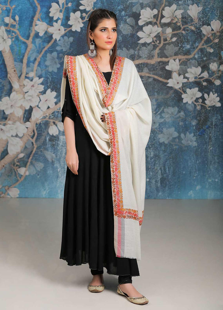 Sanaulla Exclusive Range Embroidered Pashmina  Shawl SU21PP MIR-28 Off White 1 - Pure Pashmina Shawls