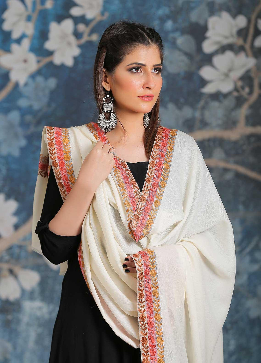 Sanaulla Exclusive Range Embroidered Pashmina  Shawl SU21PP MIR-28 Off White 1 - Pure Pashmina Shawls