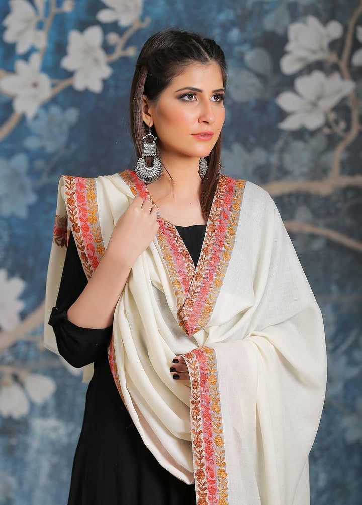 Sanaulla Exclusive Range Embroidered Pashmina  Shawl SU21PP MIR-28 Off White 1 - Pure Pashmina Shawls