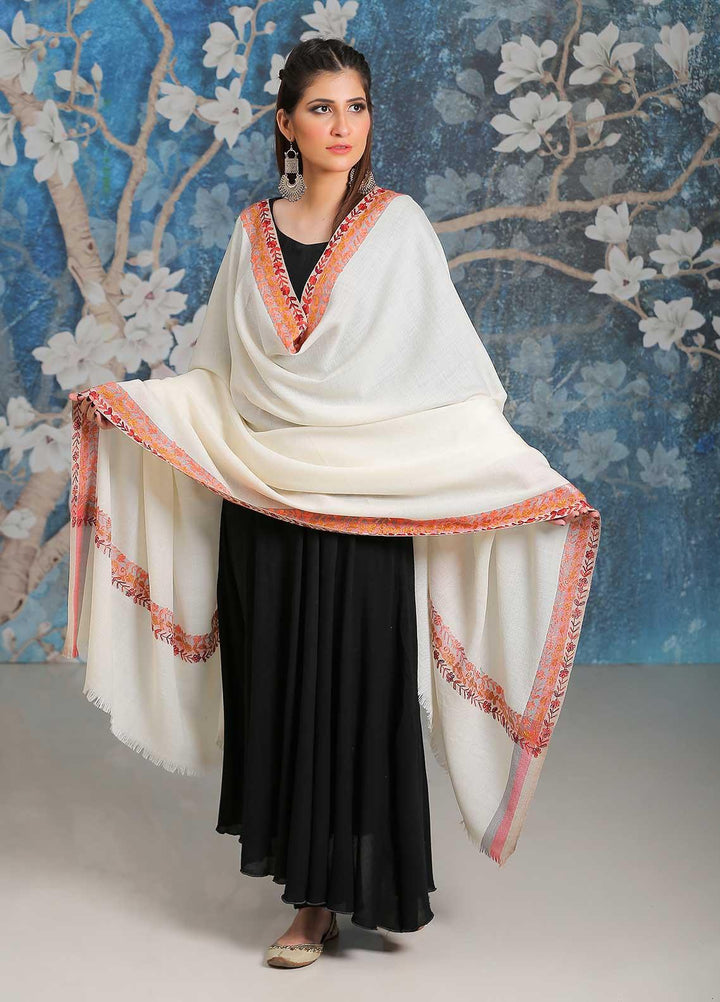 Sanaulla Exclusive Range Embroidered Pashmina  Shawl SU21PP MIR-28 Off White 2 - Pure Pashmina Shawls