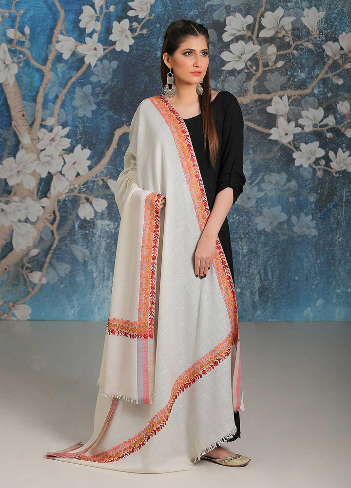 Sanaulla Exclusive Range Embroidered Pashmina  Shawl SU21PP MIR-28 Off White 2 - Pure Pashmina Shawls