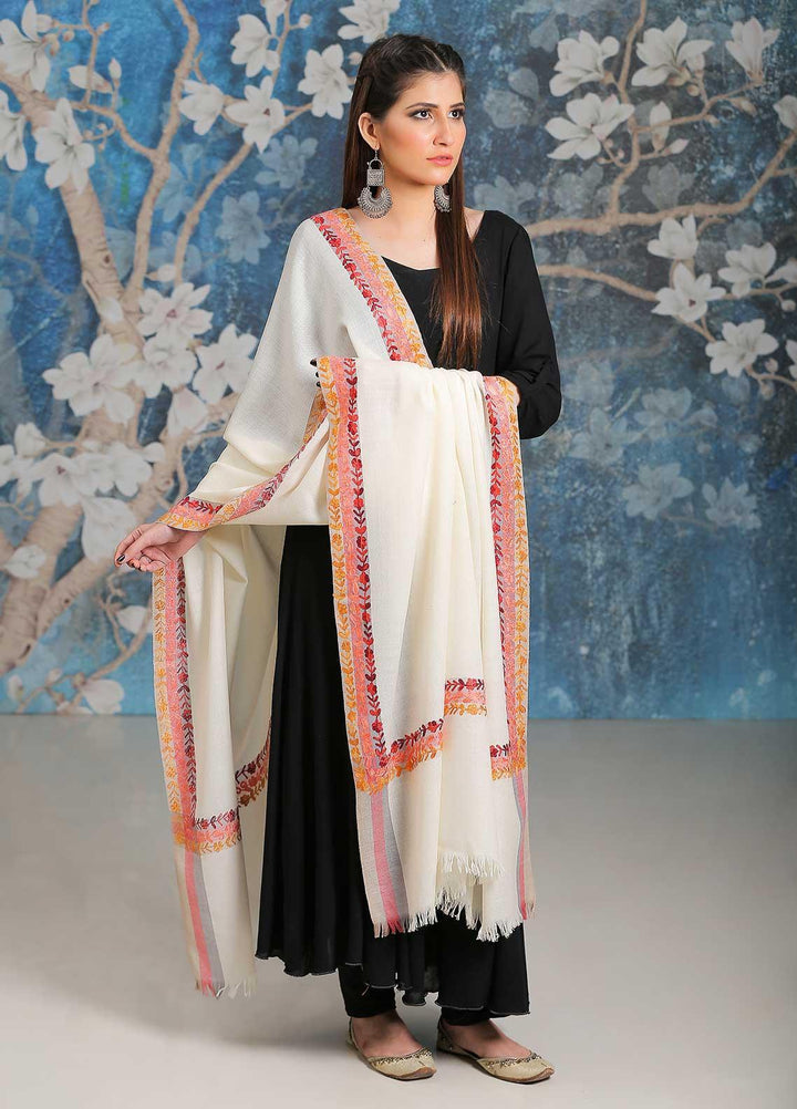 Sanaulla Exclusive Range Embroidered Pashmina  Shawl SU21PP MIR-28 Off White 3 - Pure Pashmina Shawls