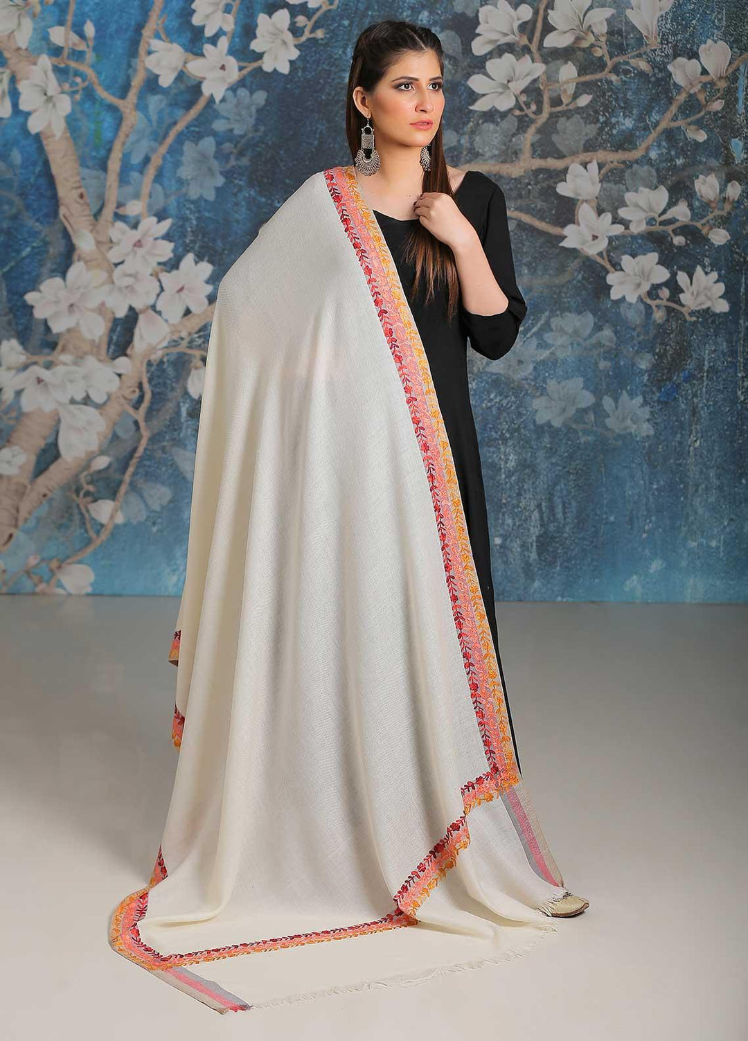 Sanaulla Exclusive Range Embroidered Pashmina  Shawl SU21PP MIR-28 Off White 3 - Pure Pashmina Shawls