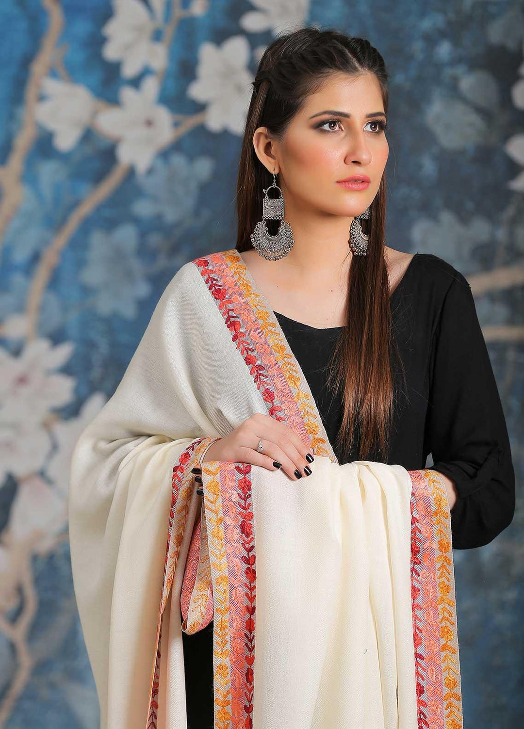 Sanaulla Exclusive Range Embroidered Pashmina  Shawl SU21PP MIR-28 Off White 3 - Pure Pashmina Shawls