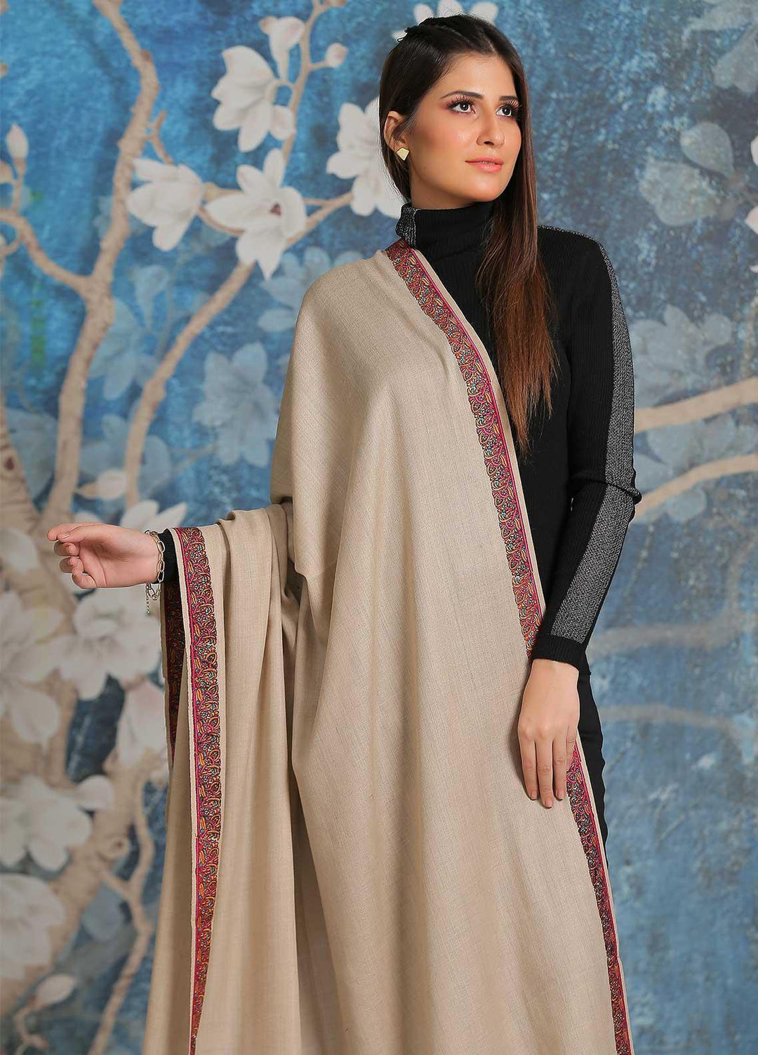 Sanaulla Exclusive Range  Pashmina  Shawl SU21PP MIR-29 Fawn 1 - Pure Pashmina Shawls