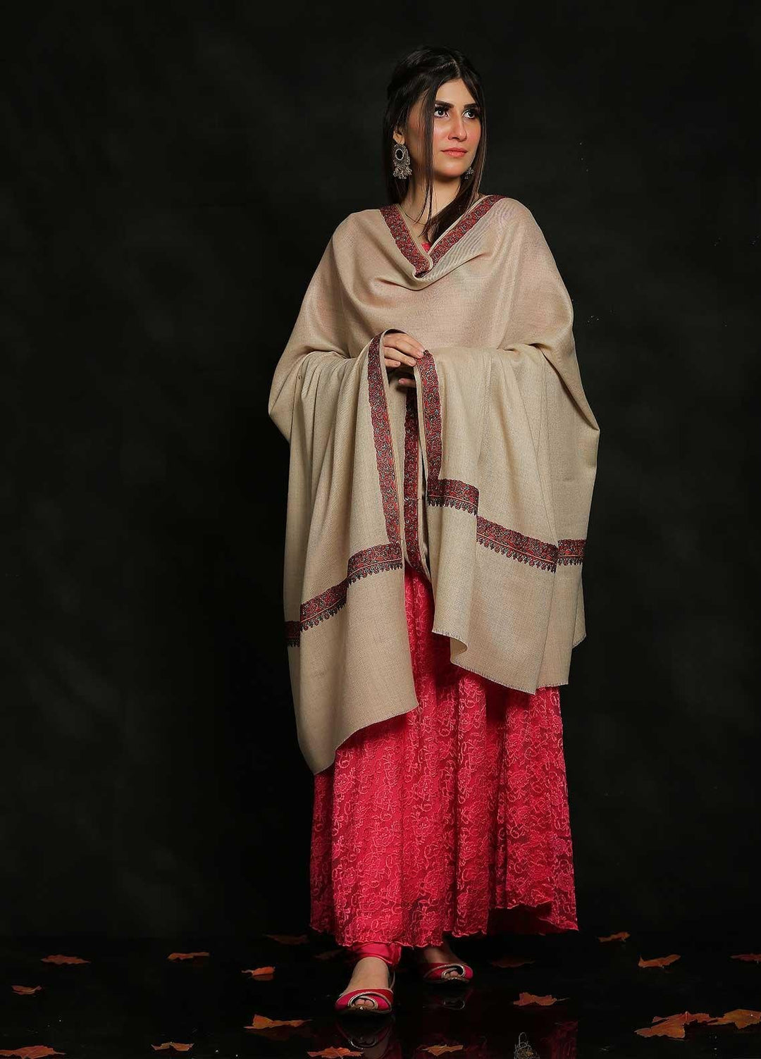 Sanaulla Exclusive Range Embroidered Pashmina  Shawl MIR-29 Fawn 3 - Pashmina Shawls
