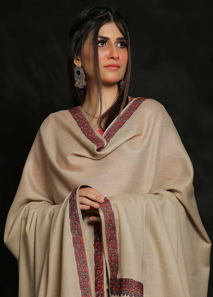 Sanaulla Exclusive Range Embroidered Pashmina  Shawl MIR-29 Fawn 3 - Pashmina Shawls