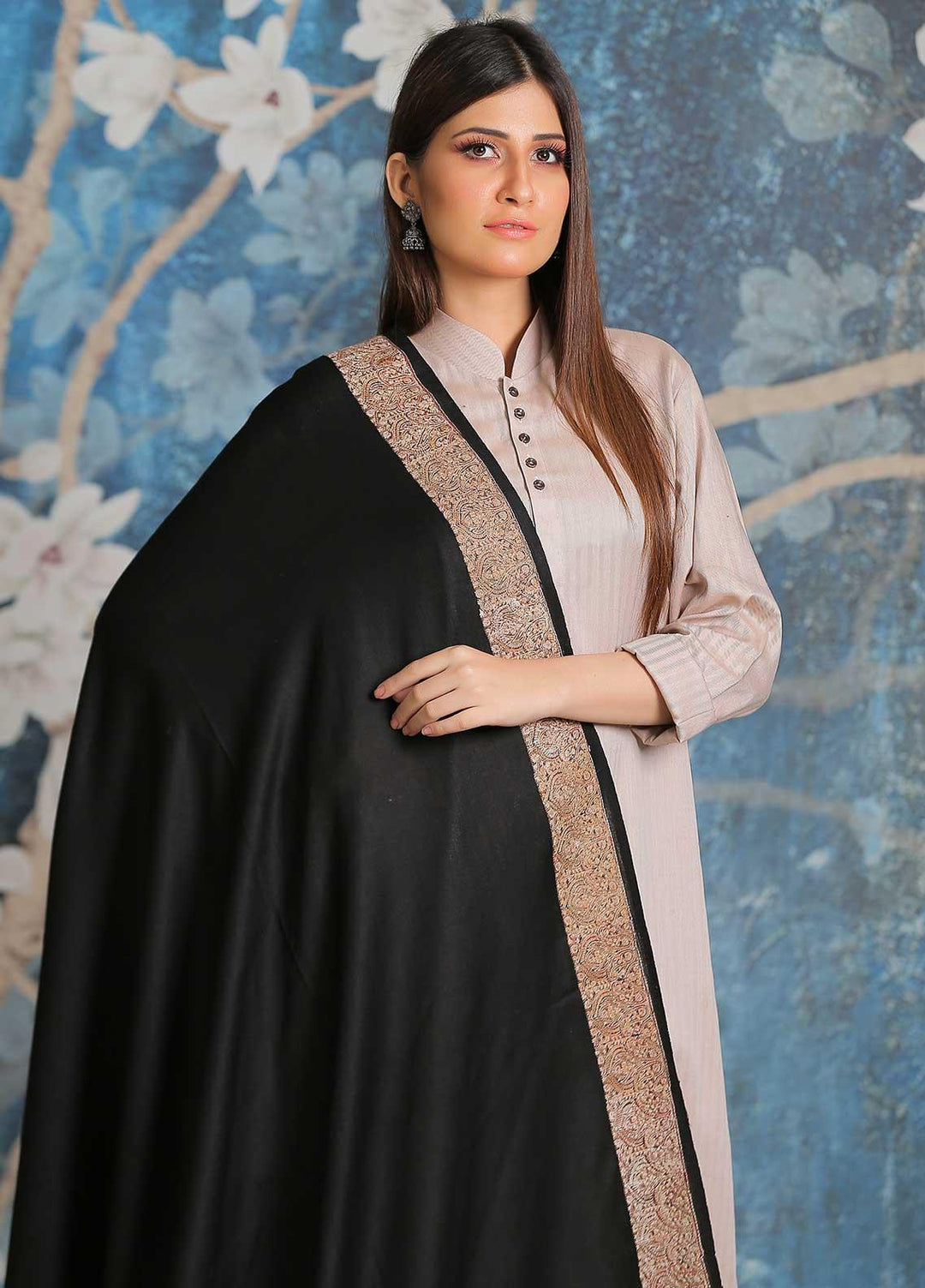 Sanaulla Exclusive Range  Pashmina  Shawl SU21PP MIR-30 Black - Pure Pashmina Shawls