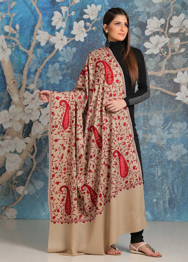 Sanaulla Exclusive Range Embroidered Pashmina  Shawl SU21PP MIR-31 Fawn 1 - Pure Pashmina Shawls