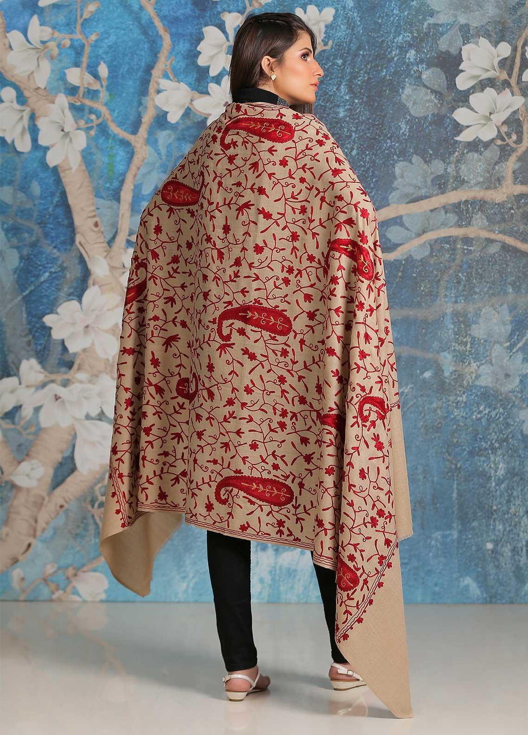 Sanaulla Exclusive Range Embroidered Pashmina  Shawl SU21PP MIR-31 Fawn 1 - Pure Pashmina Shawls