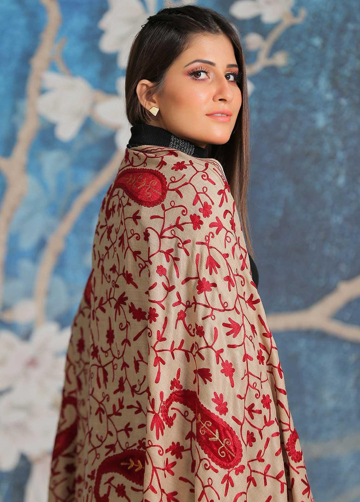 Sanaulla Exclusive Range Embroidered Pashmina  Shawl SU21PP MIR-31 Fawn 1 - Pure Pashmina Shawls