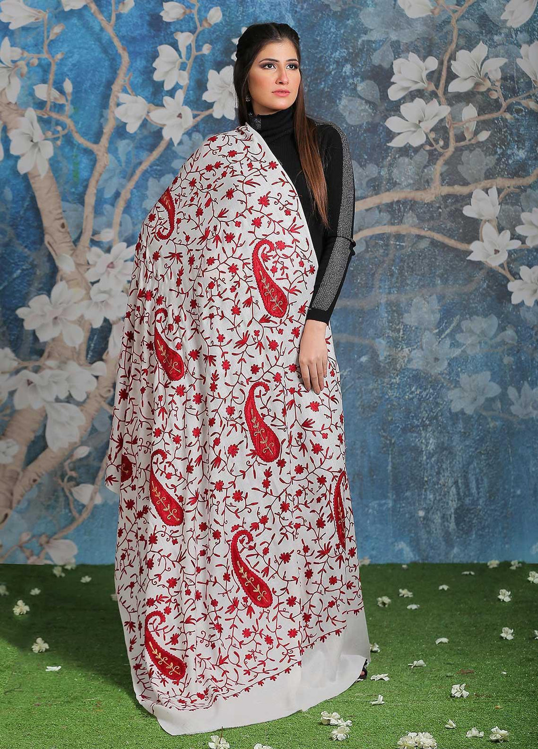 Sanaulla Exclusive Range Embroidered Pashmina  Shawl SU21PP MIR-31 Fawn 3 - Pure Pashmina Shawls