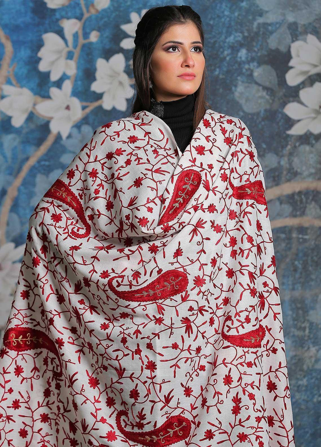 Sanaulla Exclusive Range Embroidered Pashmina  Shawl SU21PP MIR-31 Fawn 3 - Pure Pashmina Shawls