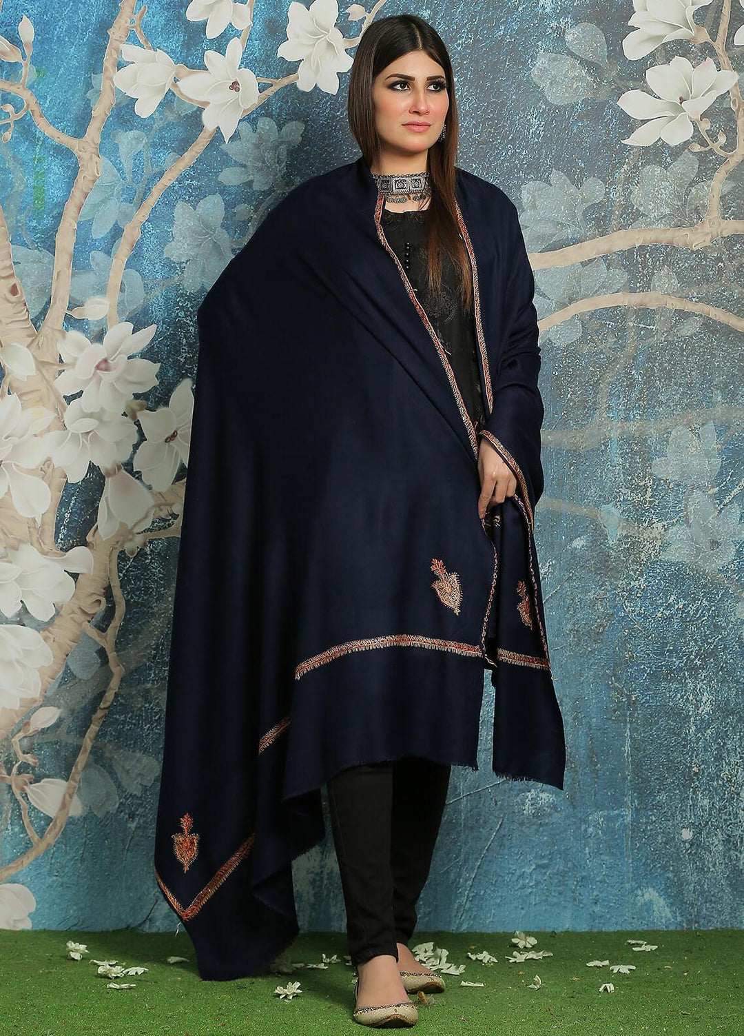 Sanaulla Exclusive Range Embroidered Pashmina  Shawl MIR-32 Blue - Pashmina Shawls
